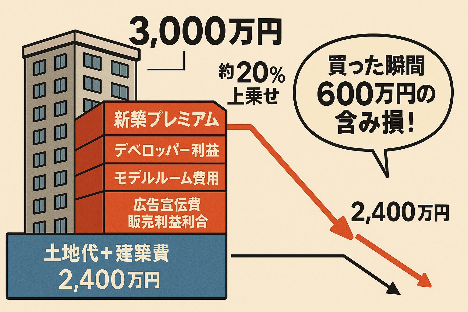 3000万円の新築ワンルームの価格が、本来の物件価値2400万円＋デベロッパー利益・広告費600万円で構成されていることを示す円グラフ
