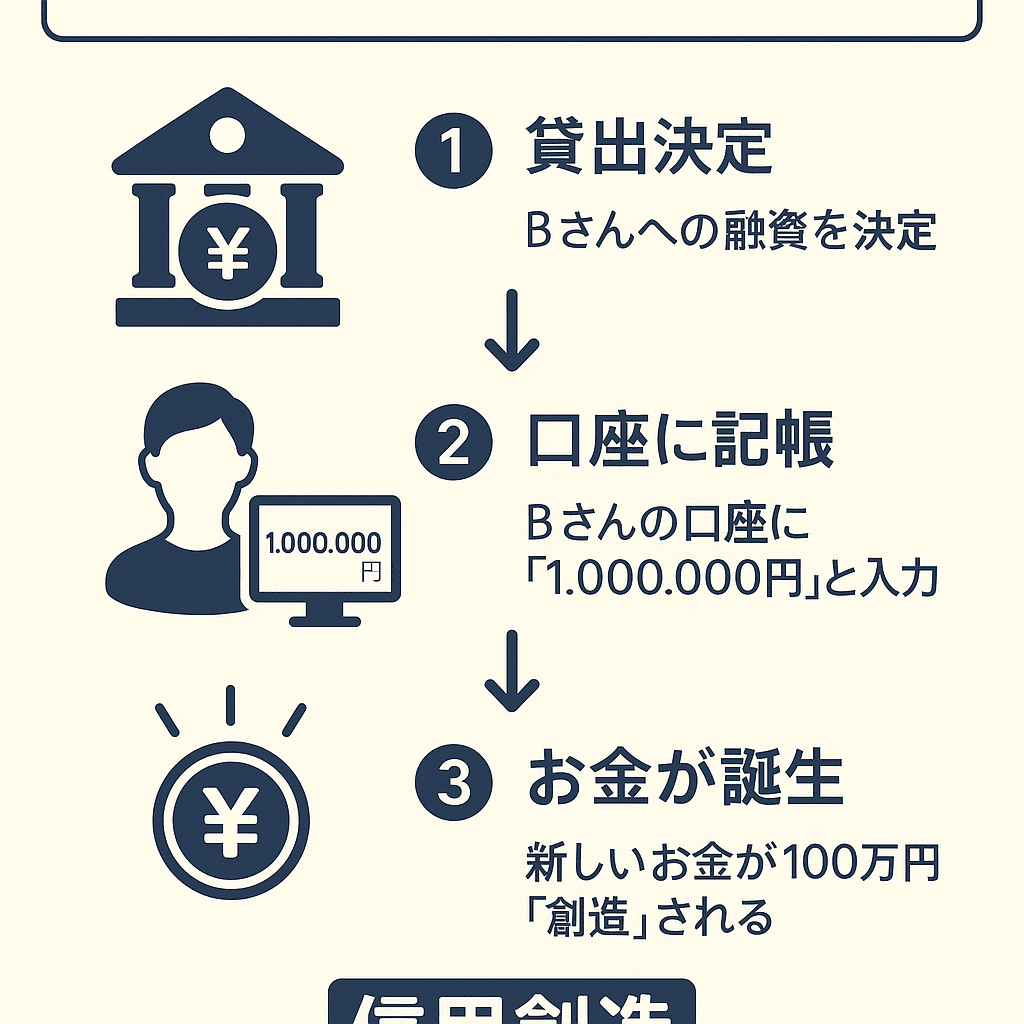 銀行が貸し出しによってお金を生み出す信用創造の仕組みを図解