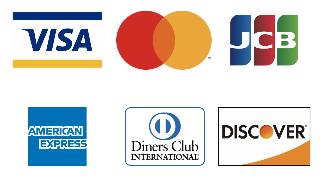 クレジットカード5大国際ブランドのロゴ（VISA, Mastercard, JCB, American Express, Diners Club）