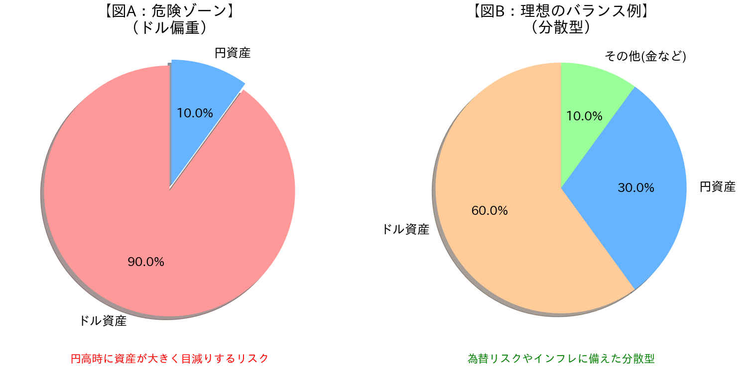資産の通貨別バランス 円グラフ（危険ゾーンと理想のバランス例）